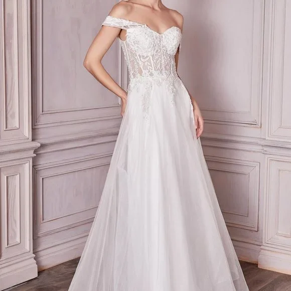 OFF WHITE WEDDING BRIDAL PROM PARTY LACE OFF THE SHOULDER BRIDAL GOWN CD961